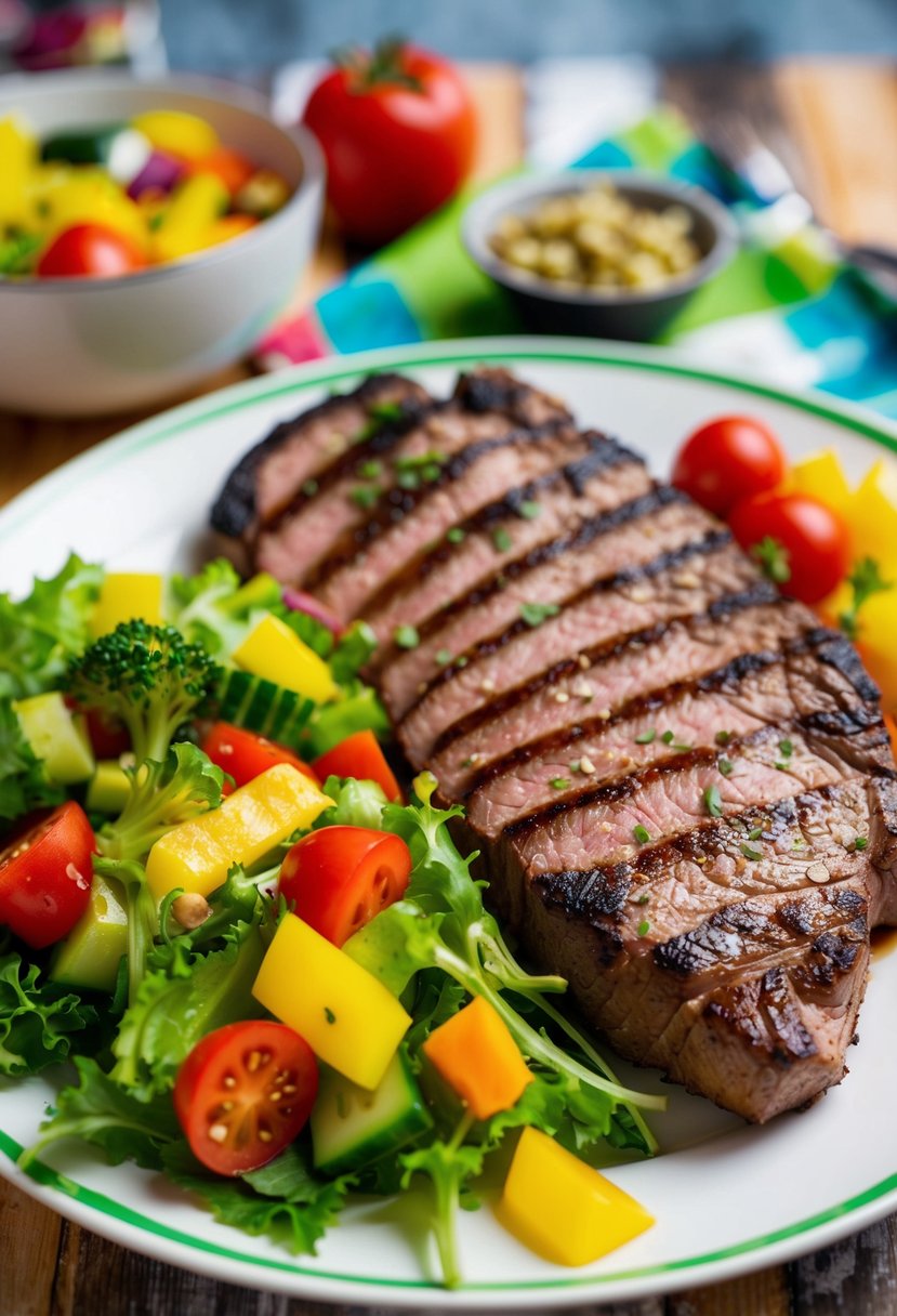 A colorful plate of grilled flank steak with a side of fresh vegetable salad, featuring vibrant greens, reds, and yellows, arranged in an appetizing and healthy display